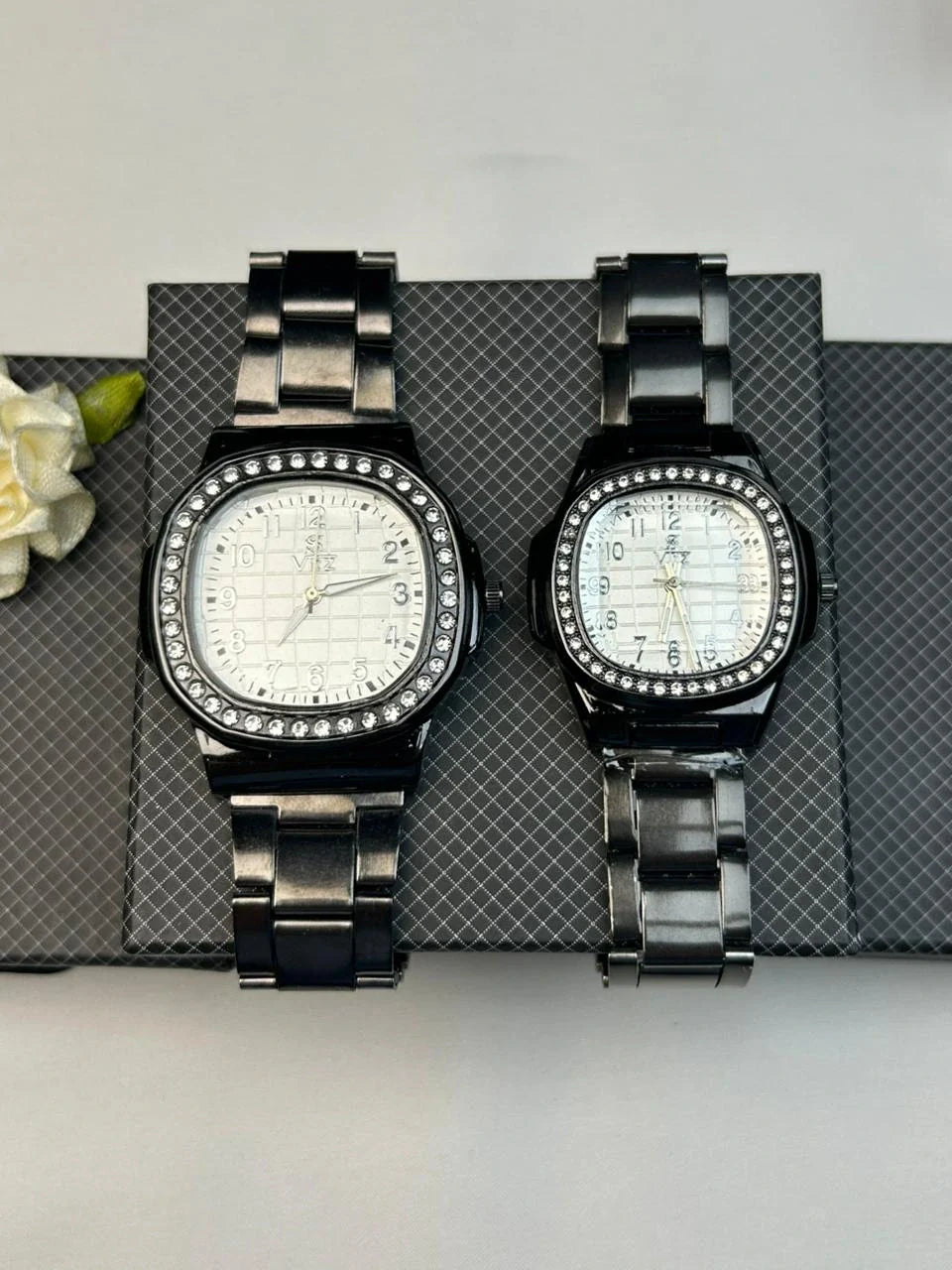 Classic Black Crystal Couple Watch